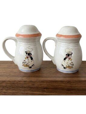 Vintage Cow Chef Salt Pepper Shakers White Mauve Pink & Blue 1880’s Collectible